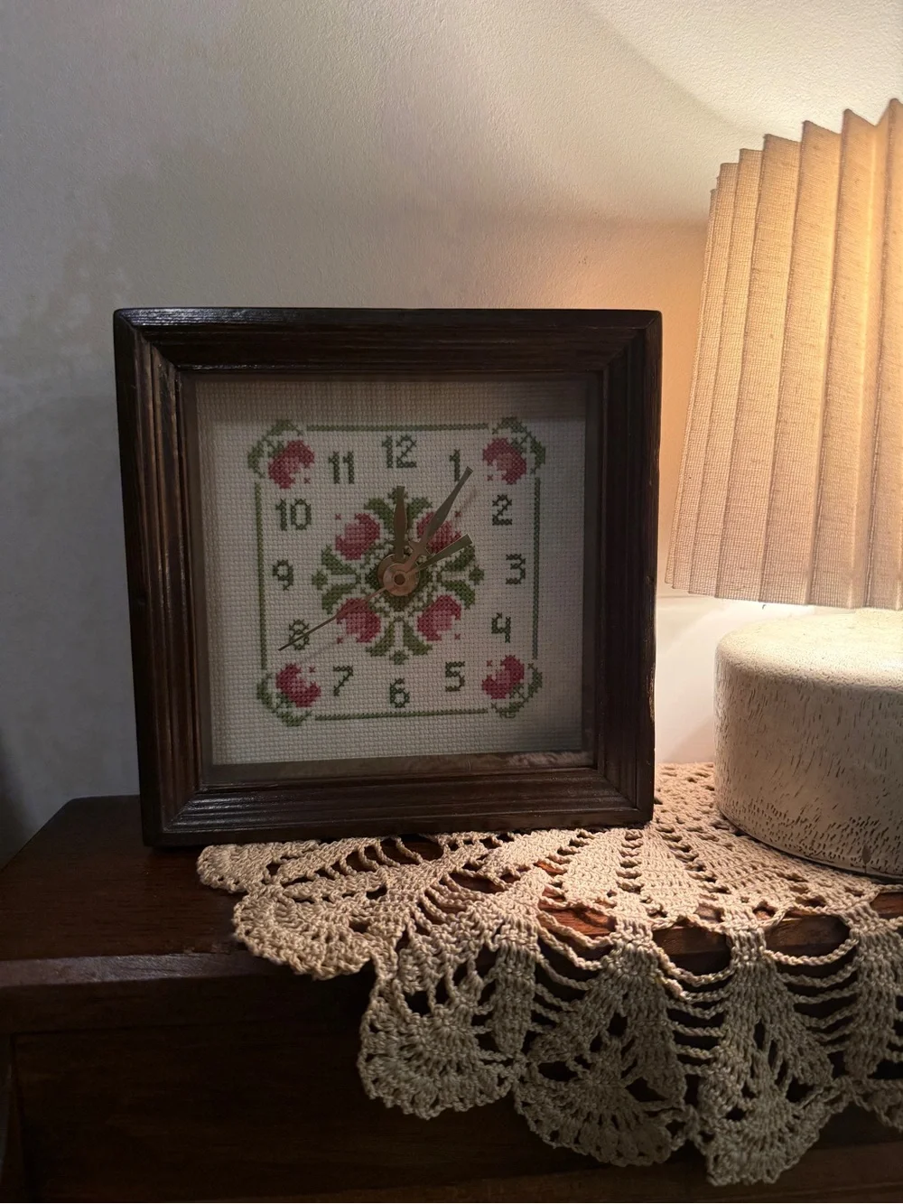 Vintage-Inspired Pink Floral Cross-Stitch Wall Clock, Framed